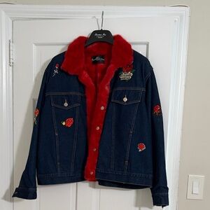 Embroidered Jean Jacket with Real Red Fur Lining